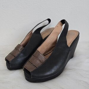 Jeffrey Campbell Black and Brown Peep-Toe Slingback Wedge Sandals
